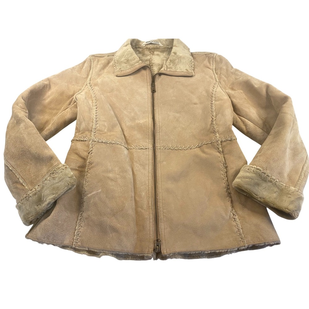 J. Percy Marvin Richards Tan Suede Faux Fur Lined Whipstitch Jacket Women M *Y2K